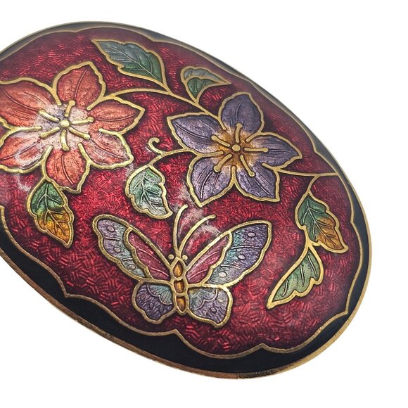 Cloisonné Red/Purple Floral Enamel Gold-Tone Oval Tie-Belt Clip Accessory - Picture 3 of 7